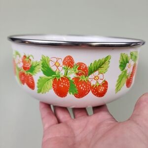 Vintage White Enamel Strawberry Print Bowl with Silver Rim Collection